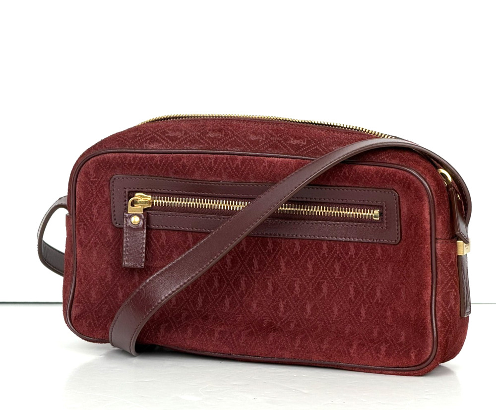 Saint Laurent Suede Monogram All Over Camera Shoulder Bag in Burgundy Suede S13